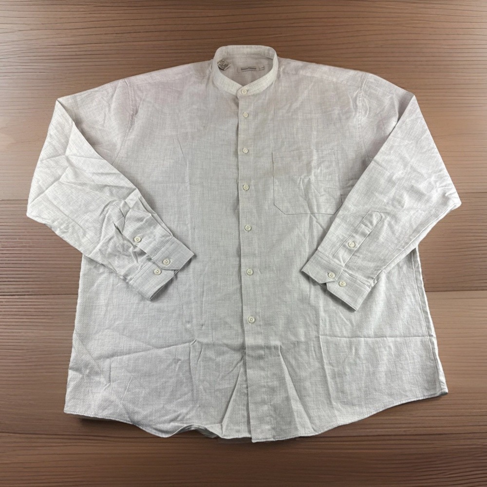 Linea Dome Shirt Men L Beige Long Sleeve Button Up Mandarin Collar Preppy Cotton